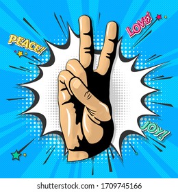 Peace hand gesture abstract pop art vector illustration.  Funny graphic design concept of v on cloud bubble in retro vintage comic style. Digital art of hand sign on topic of social communications 