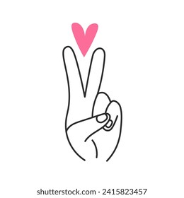 Peace hand gesture with heart. Hand drawn finger pose. Love, support, hope sign. Charity, donation symbol. Line art. Vector illustration