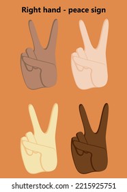 Icono de gesto de la mano de la paz. 4 colores de la piel de la mano derecha. Icono del vector del gesto de paz hippie de dibujos animados para el diseño web aislado en el fondo naranja.