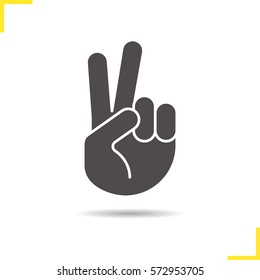 Peace hand gesture icon. Drop shadow victory silhouette symbol. Two fingers up. Negative space. Vector isolated illustration