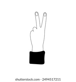 Peace hand gesture icon isolated on white background. Line hand drawn black and white vector illustration