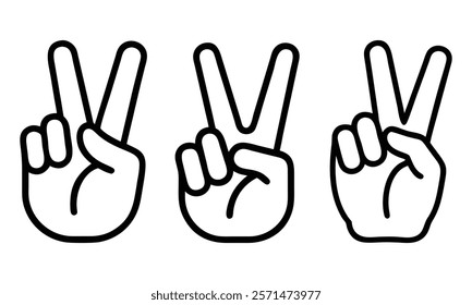 Peace hand gesture icon set, A set of three black outline icons featuring the peace hand gesture with two raised fingers, symbolizing harmony and victory. 