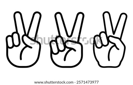 Peace hand gesture icon set, A set of three black outline icons featuring the peace hand gesture with two raised fingers, symbolizing harmony and victory. 
