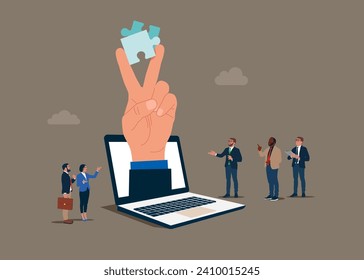 Peace hand gesture sign with jigsaw puzzle elements in fingers. Cooperation and teamwork,  unity.  Modern vector illustration in flat style. 