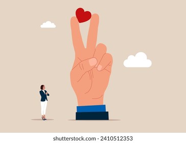 Peace hand gesture sign with passionate heart in fingers. Love your job or happy and enjoy working dream job concept. Flat vector illustration