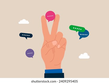 Peace hand gesture sign with speech bubble in fingers. Modern vector illustration in flat style. 
