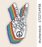 Peace hand gesture sign with words on it. Peace love sticker concept for posters or t-shirt design. Vintage styled vector illustration