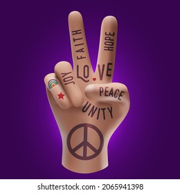 Peace hand gesture sign with words tattoos on it. Peace love poster concept. Vintage styled vector illustration