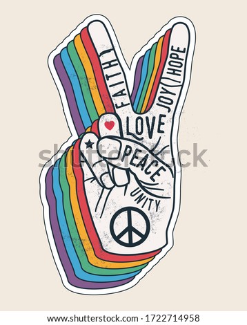 Peace hand gesture sign with words on it. Peace love sticker concept for posters or t-shirt design. Vintage styled vector illustration