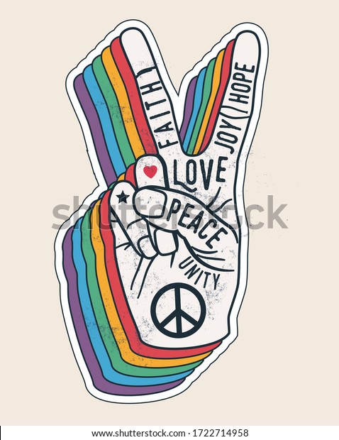 Peace hand gesture sign with words on it.\
Peace love sticker concept for posters or t-shirt design. Vintage\
styled vector\
illustration