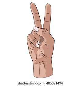 Peace hand gesture vector. Realistic human hand on a white background. Two fingers showing.