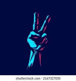 Peace hand neon line art potrait logo colorful design with dark background. Abstract vector illustration. Isolated black background for t-shirt, poster, clothing, merch, apparel, badge design