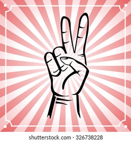 peace hand on background with rays