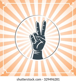 peace hand on background with rays