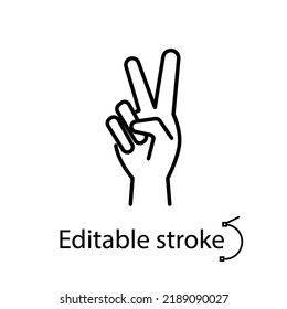 La mano de paz posa el icono del contorno. Emblema de comunicación en medios sociales. Estilo de arte pop. Colección de símbolos lineales personalizable. Trazo editable. Ilustración aislada de las existencias vectoriales