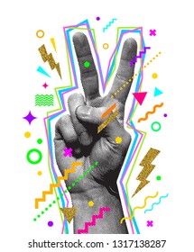 Peace hand sign. Engraved style hand and multicolored abstract elements. Vector illustration.