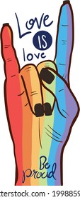 Peace hand sign vector graphics for Pride month. Handwritten love is love and be proud.