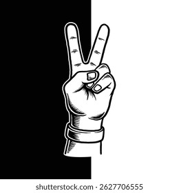 Peace Hand Sign Vintage Illustration, Black and White Victory Gesture Line Art
