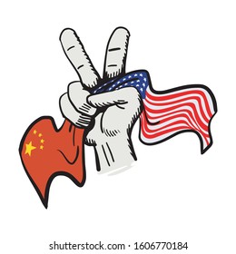 Peace hand symbol holding China and USA American flag concept vector illustration