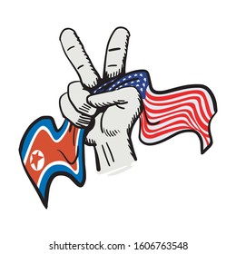 Peace hand symbol holding north korea and USA American flag concept vector illustration