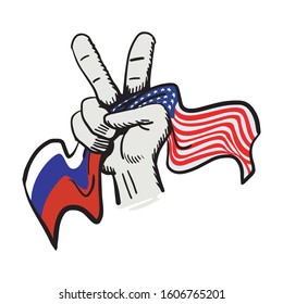 Peace hand symbol holding Russian and USA American flag concept vector illustration