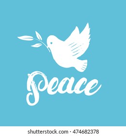 Peace hand written calligraphy lettering poster or card with hand drawn dove and olive branch on blue background. Vector illustration.