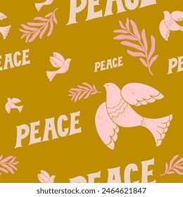 Peace hand written textured lettering with dove of peace and olive branch seamless pattern. Retro pink, orange, beige colors background.