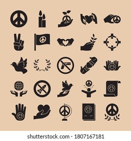 peace and hands icon set over brown background, silhouette style, vector illustration