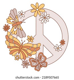 Peace hippie sign with butterflies and flowers. Vector cartoon illustration. 1970 vibes. Print for t-shirt, poster, sticker, logo concept