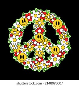 Signo hippie de paz con cara de sonrisa, diseño de la impresión de las camisetas floridas. Ilustración del personaje de dibujos animados. Trippy, 60s.70s, paz hippie, impresión psicodélica para camisetas, póster, pegatinas, concepto de logotipo