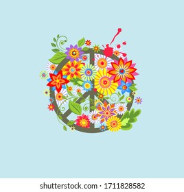 Peace Hippie Symbol with abstract colorful flowers for textile art. T shirt fashion print.