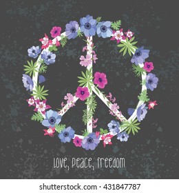 Peace Hippie Symbol with Flower. Fashion Design for T-shirt.