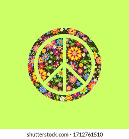 Peace Hippie Symbol over colorful flowers background. Print for T shirt, bag, fashion textile