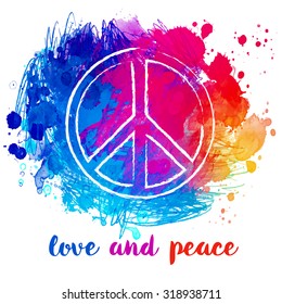 Peace Hippie Symbol over colorful background   Freedom  spirituality  occultism  textiles art  Vector illustration for t  shirt print over Abstract vector watercolor background  