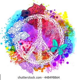 Peace Hippie Symbol over colorful background. Freedom, spirituality, occultism, textiles art. Vector illustration for t-shirt print over Abstract vector watercolor,chalk, pastels texture background.