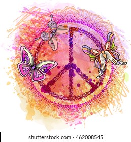 Peace Hippie Symbol over colorful background. Vector illustration for t-shirt print over Abstract watercolor,chalk, pastels texture background.