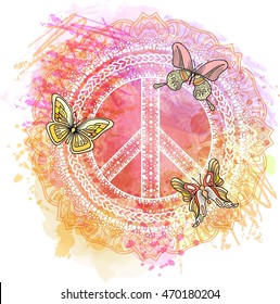 Peace Hippie Symbol over colorful background. Vector illustration for t-shirt print over Abstract watercolor,chalk, pastels texture background.