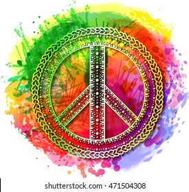 Peace Hippie Symbol over colorful rainbow background. Vector illustration for t-shirt print over Abstract watercolor,chalk, pastels texture background.International Day of Peace poster. Dotwork tattoo