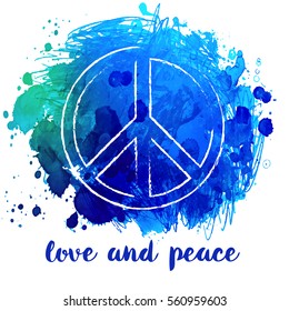 Peace Hippie Symbol over colorful background.  Freedom, spirituality, occultism, textiles art. Vector illustration for t-shirt print over Abstract vector watercolor background. 