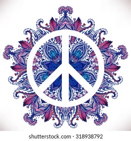 Peace Hippie Symbol over decorative ornate background.  Freedom, spirituality, occultism, textiles art. Vector illustration for t-shirt print isolated on white  background.