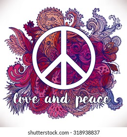 Peace Hippie Symbol over decorative ornate background.  Freedom, spirituality, occultism, textiles art. Vector illustration for t-shirt print isolated on white  background.