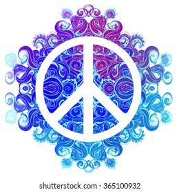 Peace Hippie Symbol over decorative ornate background. Freedom, spirituality, occultism, textiles art. Vector illustration for t-shirt print isolated on white background.