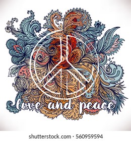 Peace Hippie Symbol over decorative ornate background.  Freedom, spirituality, occultism, textiles art. Vector illustration for t-shirt print isolated on white  background.