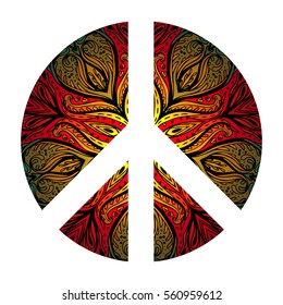 Peace Hippie Symbol over decorative ornate background.  Freedom, spirituality, occultism, textiles art. Vector illustration for t-shirt print isolated on white  background.