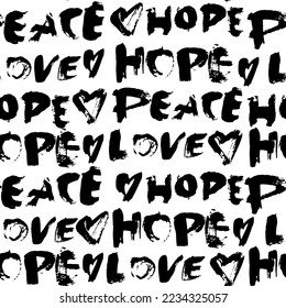 Peace, Hope, Love with Heart Dry Brush Modern Lettering Seamless Pattern