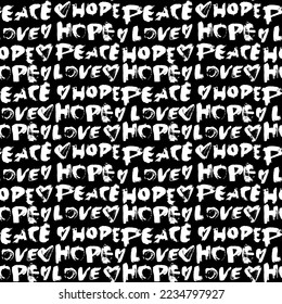 Peace, Hope, Love with Heart Dry Brush Modern Lettering Seamless Pattern