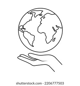 Peace with Human Hand and Earth Globe as Symbol of Friendship and Harmony Outline Vector Illustration