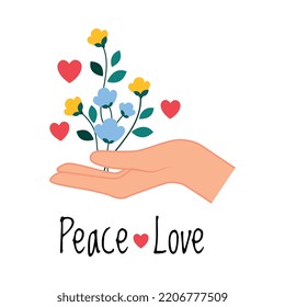 Peace with Human Hand Holding Blooming Flowers as Symbol of Friendship and Harmony Vector Illustration