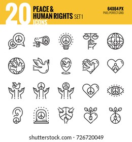 Peace and Human Rights icon set. Flat thin line icons design. vector