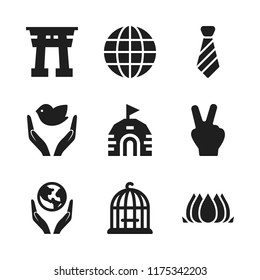 peace icon. 9 peace vector icons set. torii gate, dove of peace and bird cage icons for web and design about peace theme